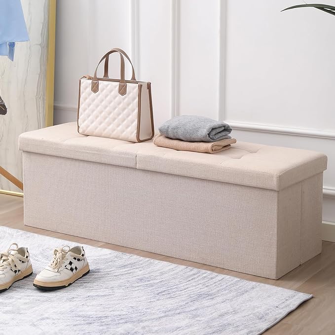 CUYOCA 45.3 Inches Storage Ottoman Bench Foldable Seat Footrest Shoe Bench End of Bed Storage with Flipping Lid, 166L Storage Space, Linen Fabric Black