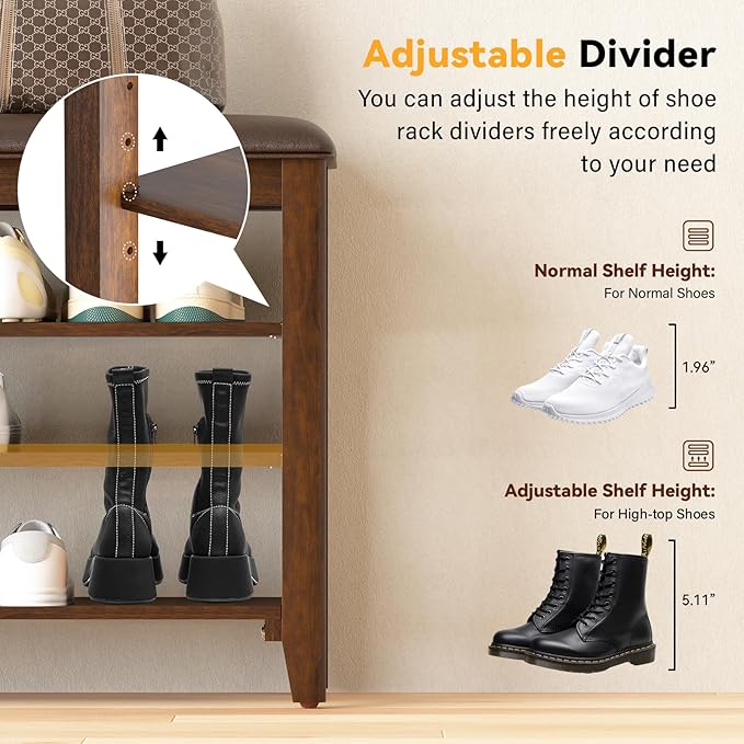 Shoe Rack Bench Entryway Storage with Leather Cushion, Shoe Organizer Bench for Entryway, Ideal for Front Doors Entrances Hallway Mudroom Featuring Rubberwood And 3 Height-Adjustable Removable Shelve