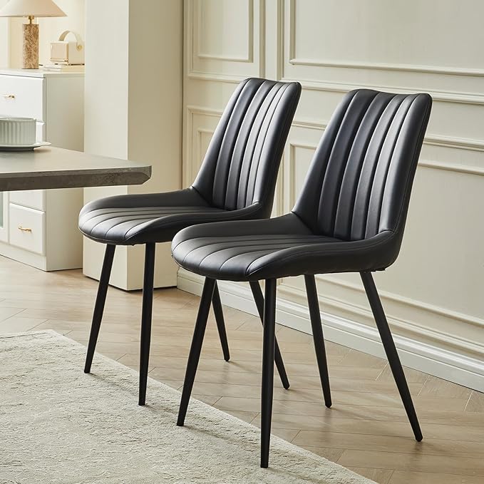Dining Chairs Set of 2, Faux Leather Modern Linear Design Dining Chair with Metal Legs, 16.9" Seat Width Chair for Kitchen, Lounge, Reception Room, Restaurant, Commercial (Black)