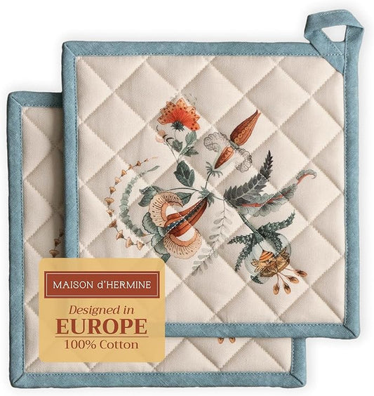 Maison d' Hermine Pot Holders Set 100% Cotton Heat Resistant Potholders 8" x 8" Hot Pads with Loop for Thanksgiving Christmas Decorations BBQ Cooking Baking Handling Hot Pans (Pack of 2, Dalida)