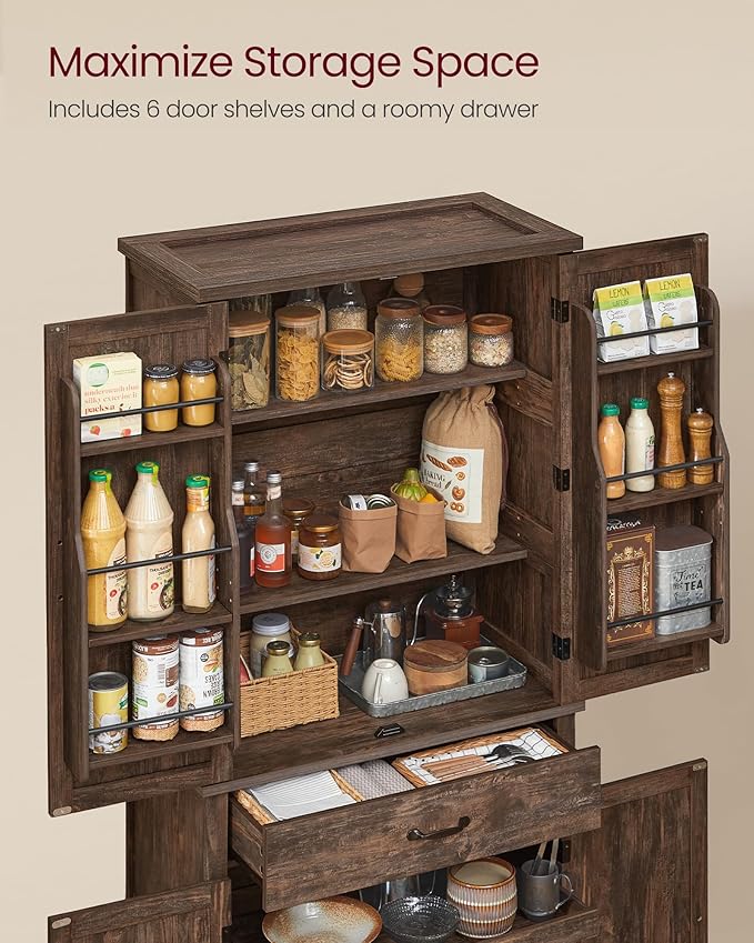 VASAGLE LIRY Collection - Pantry Cabinet, 70.3-Inch Tall Farmhouse Kitchen Storage Cabinet with Barn Doors, Drawer, Tray, Adjustable Shelves, for Kitchen, Dining Room, Hazelnut Brown UBBK364K01
