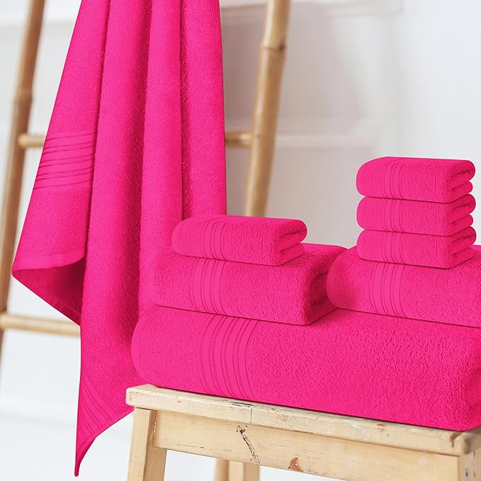 BOUTIQUO 100% Cotton Towel Set, Contains 4 Soft Bath Towel, 6 Hand Towels, 8 Wash Cloths - Compact Absorbent Lightweight & Quickdry Towels for Bathroom - 18 Piece Bathroom Towel Set - Hot Pink