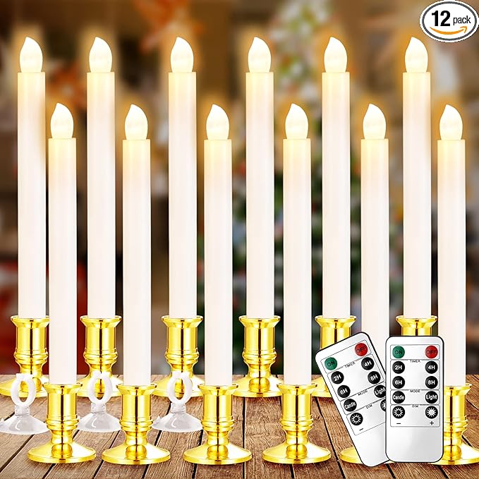 YAUNGEL Christmas Window Candles, 12 Pack Battery Operated Flameless Taper Candles for Windows with Timer Remote, Electric Candle Lights with Candle Holders Suction Cups for Christmas