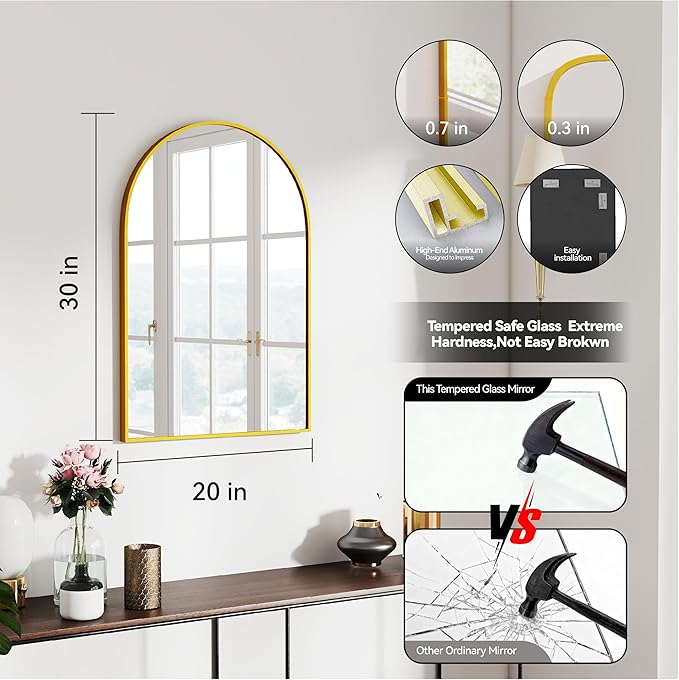 30x20 Arch Mirror Rectangle Wall Mounted Hanging or Against Wall Metal Aluminum Alloy Frame Mirrors for Entryway Bedroom Bathroom Living Room 30 20 inch Gold
