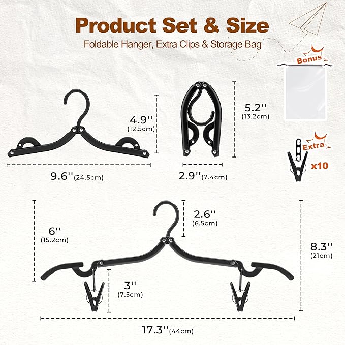 HOUSE DAY Foldable Travel Hangers 10 Pack w/10 Clips, Cruise Essentials 2025, Portable Hanger Collapsible Hangers Plastic, Travel Must Haves for Suitcase, Hotel, RV, Road Trip, Flying, Camping-Black