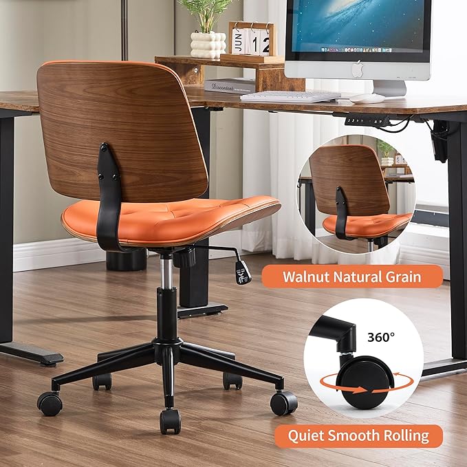 Small Home Office Chair - Armless Mid Back Desk Chair with 360° Swivel and Wheels, PU Upholstered Height Adjustable Modern Walnut Computer Chair for Home, Office Meeting Room - Orange