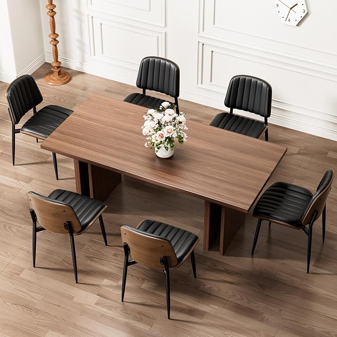 Dining Chairs Set of 4, Mid-Century Modern Upholstered PU Leather Chairs with Walnut Bentwood Back and Metal Legs Adjustable Feet for Kitchen Dining Living Room, Dark Black Vertical Stripes