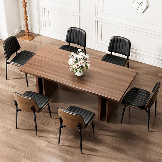 Dining Chairs Set of 6, Mid-Century Modern Upholstered PU Leather Chairs with Walnut Bentwood Back and Metal Legs Adjustable Feet for Kitchen Dining Living Room, Dark Black Vertical Stripes