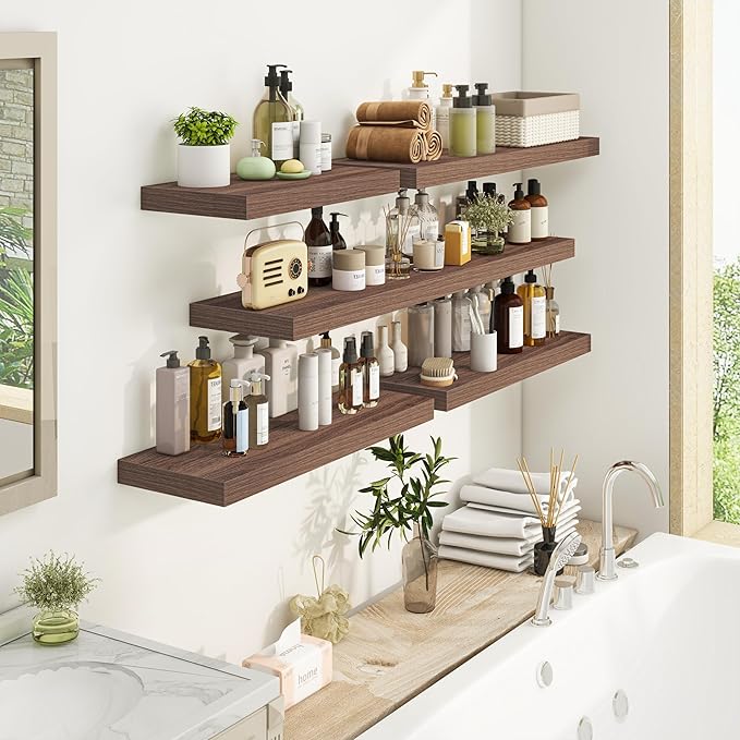 Fun Memories Floating Shelves 36 Inch Long, 9.3Inch Deep Floating Shelves for Wall, Extra Deeper & Thicker Wall Mounted Storage Shelf for Kitchen, Farmhouse, Walnut, 2 Pack