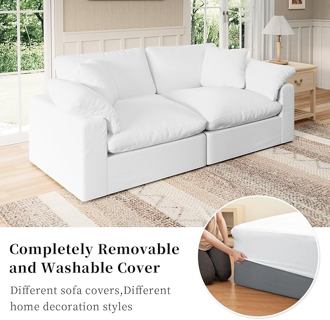 Modular Sectional Sofa Cloud Couch,78.6" Down Filled Comfy Cloud Modern Sofa,2 Seater with White Linen Couch Cushion Covers Removable Furniture for Living Room