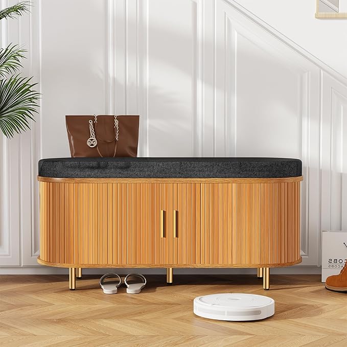 DHH Entryway Bench with Shoe Storage Fluted Shoe Storage Sliding Door and Adjustable Shelf with Cushion,2-Tier Shoe Rack Cabinet for Entryway, Bedroom, Living Room, (Yellow Walnut)