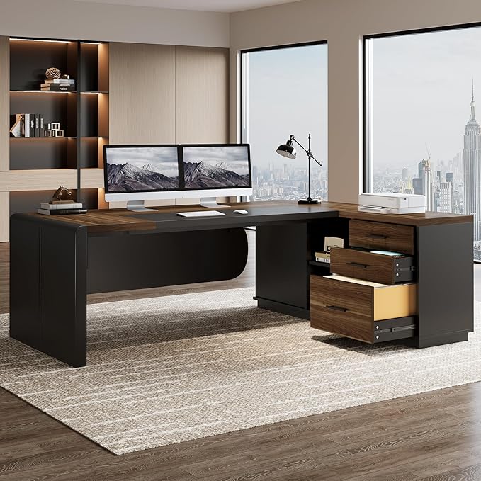 Tribesigns 80'' L-Shaped Desk, Large Executive Office Desk with 55'' Drawers Cabinet, Modern Commercial Office Table with Storage Shelves, Business Furniture for Home Office, Brown & Black