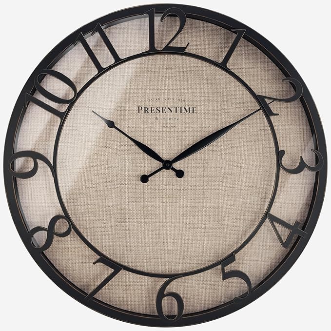 Presentime & Co 21" Farmhouse Series Wall Clock, Cottage Style, Faux Burlap, Oil Rubbed Antique Bronze Finish. Wall Décor for Living Room, Dining Room, and entryway.
