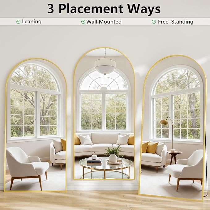Mirror Full Length, 28"x71" Large Arched Floor Full Length Mirror with Stand, Room Decor Big Full Body Floor Mirror with HD Tempered Glass Aluminum Frame for Bedroom Living Room, Gold