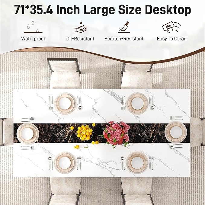 71 inch Dining Table for 4 5 6 | Modern White&Black Rectangular Kitchen Table W/Waterproof Wood Tabletop,Farmhouse Long Dining Room Tables W/Adjustable Legs&Wood Strip Base for Kitchen Living Room