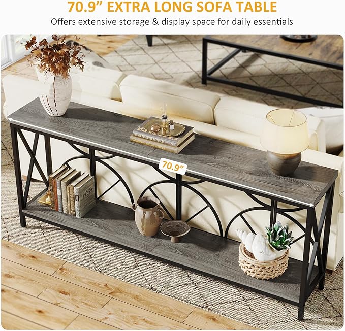 70.9-Inch Extra Long Sofa Table, Narrow Console Table Behind Couch with Storage for Entryway, Living Room, Entrance, Hallway, Foyer, Unique Geometric (Grey)