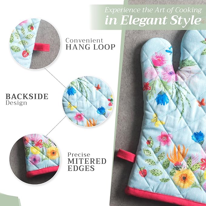 Maison d' Hermine 100% Cotton Oven Mitt & Pot Holder Set (7.5"x13" & 8"x8") Heat Resistant BBQ Cooking Gloves with Loop, Baking, Grilling, Kitchen, Handling Hot Pan Spring/Summer (Jardin D'Ete - Mint)