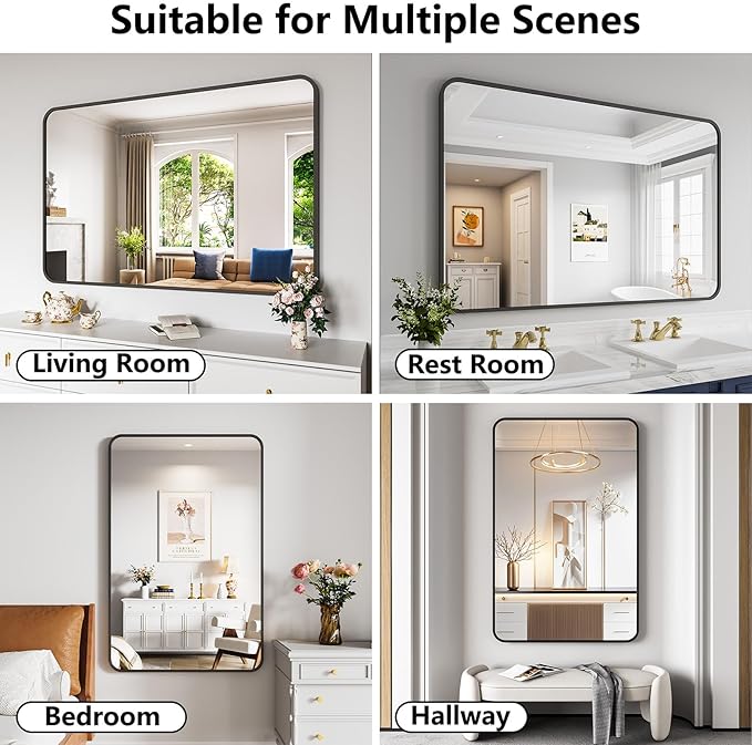 Koonmi Bathroom Mirror, 36X55 Brushed Black Rectangle Wall Mirror, HD Tempered Glass, Anti-Rust Frame Vanity Mirror, Rounded Rectangle Mirror for Restroom, Bedroom, Hangs Horizontal or Vertical