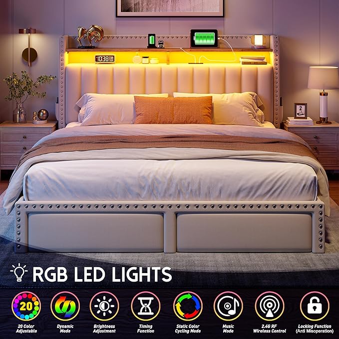 EnHomee King Size Bed Frame with 2 Storage Drawers, Upholstered Platform Bed with LED Lights and Charging Station, Sturdy Wooden Slats Support, No Box Spring Needed, Noise Free, Beige
