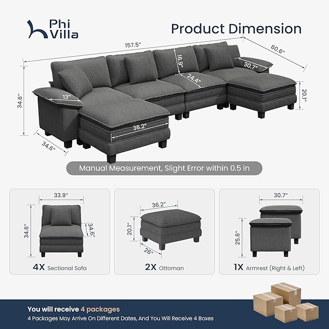 PHI VILLA Cloud Modular Couch Sets, 157.5" Large Sectional Sofa with U-Shaped Chaise, 6-Seater Couches with Movable Ottomans for Living Room, Corduroy Fabric, Grey