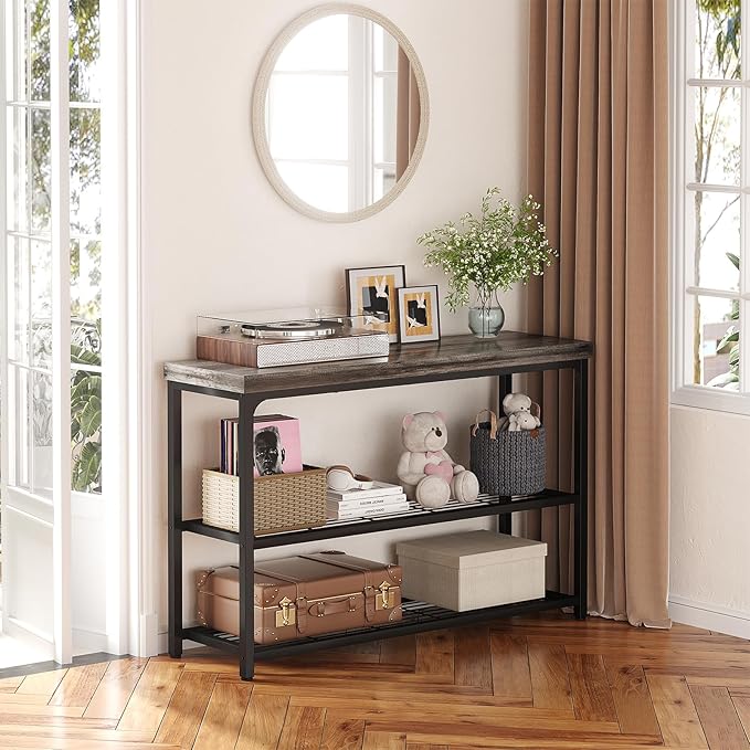 47" Console Table with Storage, 3-Tier Narrow Entryway Table, Sofa Table with Mesh Shelves, Console Tables for Living Room, Bedroom, Hallway, Entryway, Foyer, Oak Grey