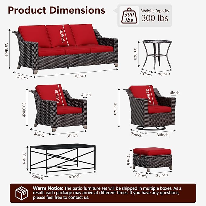 6 Pieces Wicker Patio Furniture, Luxury Outdoor Conversation Sets with 2 Patio Rattan Chair, 3-Seater Sofa, 2 Patio Ottoman and 1 Coffee Table, Wide Armrest, Thickened Cushions
