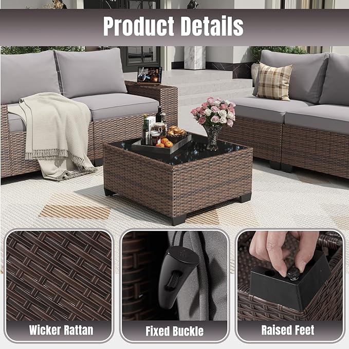 Aoxun 13 Pieces Patio Furniture Set with 44” Fire Pit Table Wicker Rattan Outdoor Sectional Conversation Set with Coffee Table and 4” Thickened Cushions, Gray(Waterproof Cover Included)