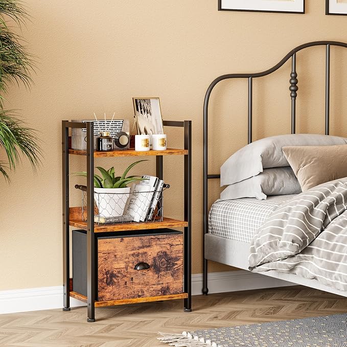 Furologee 3 Tier Bookshelf with Drawer, Small Bookcase with Shelves, Short Wood and Metal Bookshelf Storage Organizer, Industrial Freestanding Shelf Units for Bedroom, Living Room, Dorm, Rustic Brown