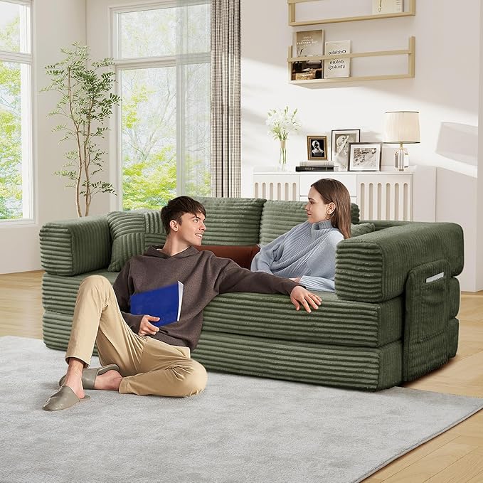 Antetek Convertible Sofa Bed, Comfy Corduroy Fluffy Love seat Sleeper Sofa, 5 in 1 Folding Couch Bed, Fold Out Floor Couch with Pillows for Bedroom, Living Room, Office, Wide Stripes, Green