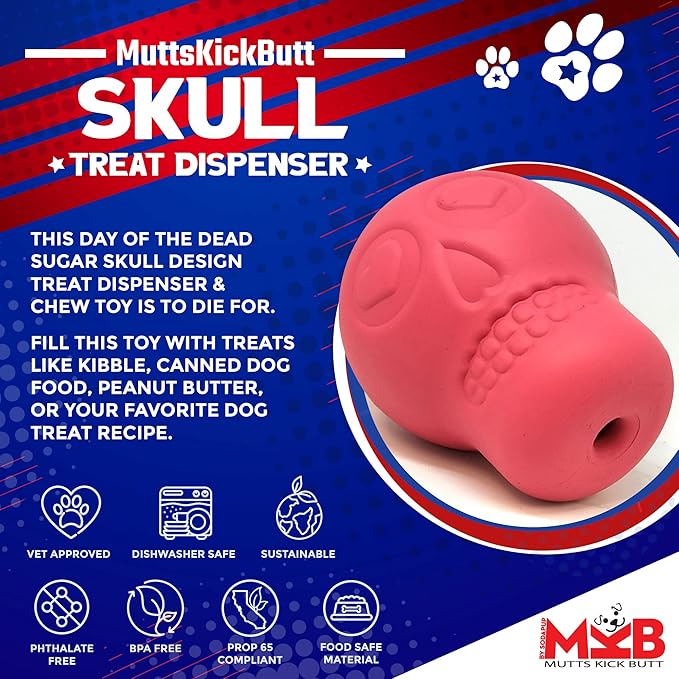 SodaPup MuttsKickButt Magnum Skull – Dog Treat Dispenser & Chew Toy Made in USA from Our Most Durable Non-Toxic, Pet-Safe, Food Safe Natural Rubber for Mental Stimulation, Problem Chewing, & More