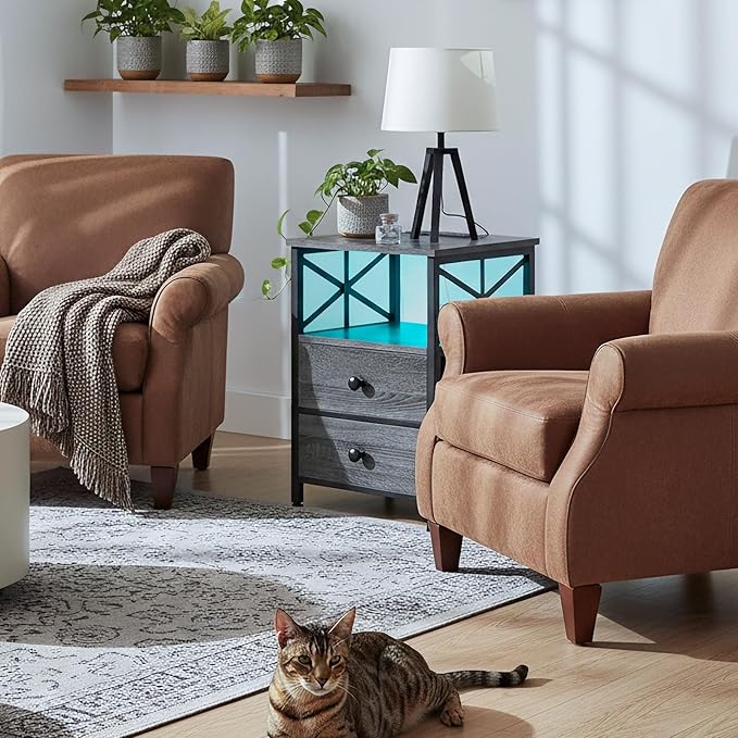 AMHANCIBLE Night Stand Set 2, LED Nightstand with Charging Station, End Tables Living Room with Fabric Drawers, Bedside Table for Bedroom, Dark Grey HET052LDG