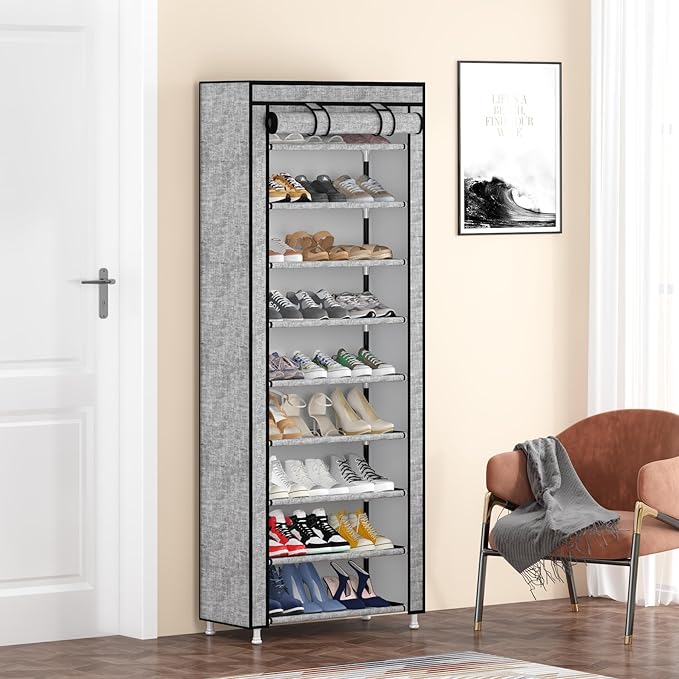 Calmootey 9 Tier Shoe Rack Organizer,Portable Shoe Shelf with Nonwoven Fabric Cover for Closet Hallway,Bedroom,Entryway, Ash Grey