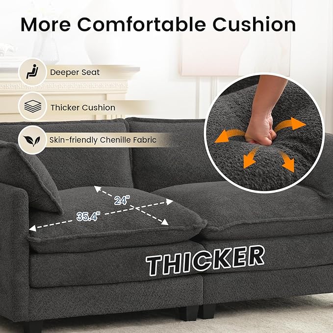 ROWHY Modular Loveseat Sectional Sofa, 78" Upholstered Loveseat, 2 Deep Seat Sofa Couch with 2 Throw Pillows for Small Space, Modern Comfy Cloud Couch for Living Room, Chenille, Charcoal Grey