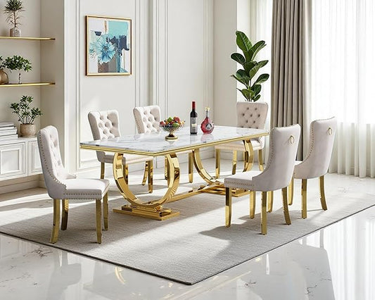 Goujxcy 68" Faux Marble Dining Table Set for 6, 7-Piece Dining Set with White Gold Kitchen Table and 6 Velvet Tufted Chairs, Modern Rectangular Dining Room Table with O-Shape Stainless Steel Base