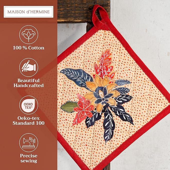 Maison d' Hermine Pot Holders Set 100% Cotton Heat Resistant Potholders 8" x 8" Hot Pads with Loop for Thanksgiving Christmas Decorations BBQ Cooking Baking Handling Hot Pans (Pack of 2, Kalahari)