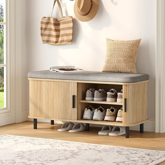 Maupvit 2 Tier Shoe Storage Bench with Smooth Fluted Sliding Doors, 39.4" Wide Entryway Bench with Storage, Thickened Padded Seat Cushion, Hidden Shoe Organizer Cabinet for Living Room, Oak