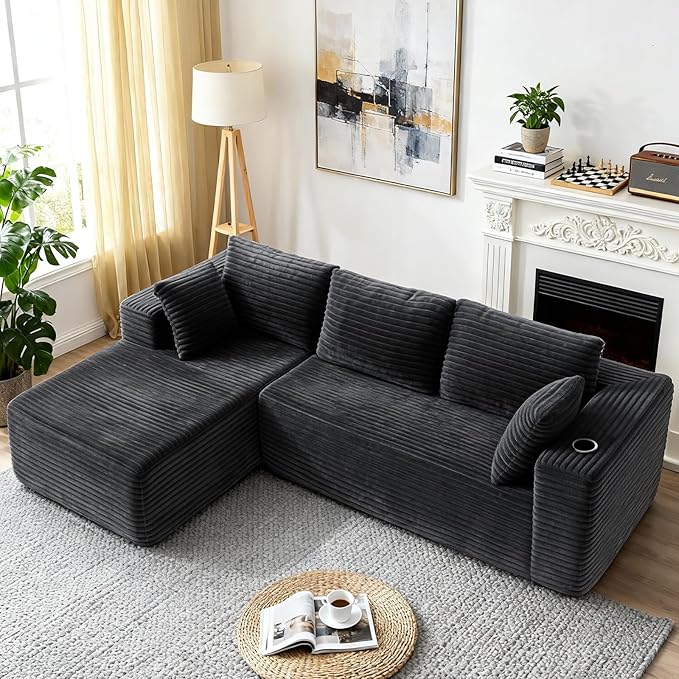 106" Cloud Couch Corduroy Modular Sectional Sofa L-Shape Boneless Couch with Wide Armrests and Cup Holders for Living Room Bedroom, No Assembly Required (Grey)