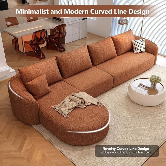 138.6" Modular Sectional Couches Luxury Modern Curved Back Sofa,Minimalist Comfy L-Shape Boneless Cloud Couch for Living Room Apartment,(Left Facing Chaise,Orange)