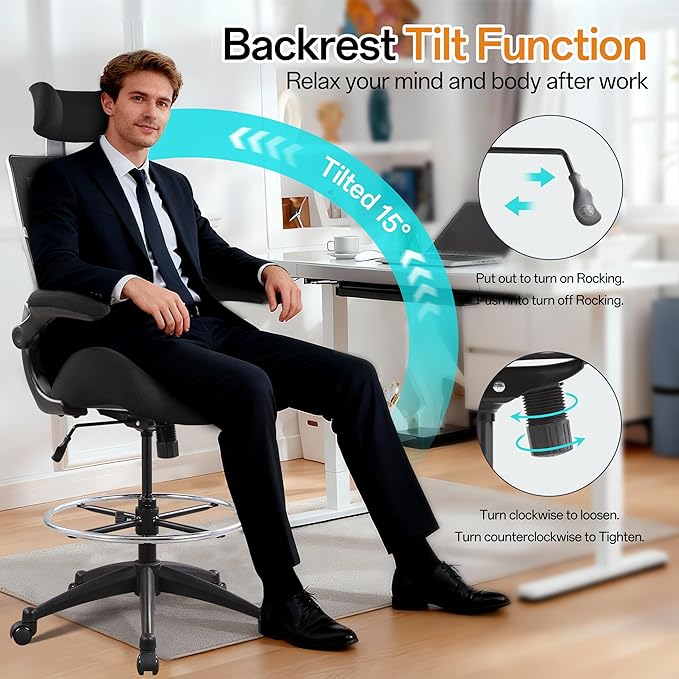 BOLISS 400lbs High Back Wide Comfortable Office Drafting Chair with Flip up Armrests Lumbar Support Adjustable Big Footrest Ring(Black)