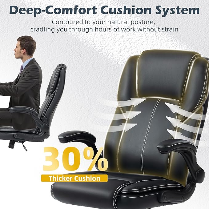 Office Chair - Executive Leather High Back Office Desk Chair with Rocking Function - Ergonomic Breathable Comfortable Wide Swivel Rolling Gaming Computer Chair with Flip-up Armrests & Lumbar Support