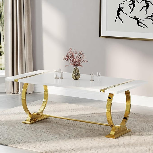 ACEDÉCOR 80in White and Gold Dining Table for 6-8, Modern Luxury Kitchen Room Table with Rectangular Lacquer Top and Gold Stainless Steel Circle Base