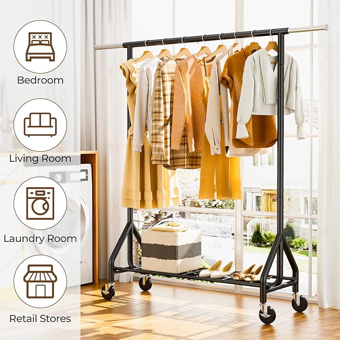 Heavy Duty Clothes Rack Load 450 LBS, Metal Garment Rack, Standing Rolling Clothing Rack for Hanging Clothes with Sturdy Wheels & Shelves, Portable Closet Wardrobe Rack,Black