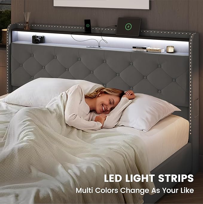 LARMACE Queen LED Bed Frame with Storage Headboard and USB Charging Station, Velvet Upholstered Platform Bed Frame with 4 Drawers, Tufted Beds with Heavy Duty Wood Slats Support, Easy Assembly, Grey
