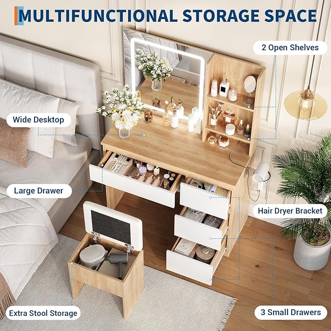 GarveeHome Vanity Desk with Mirror and Lights - Modern Makeup Dressing Table with Outlets, Storage Stool, 4 Drawers & Hair Dryer Holder - 3 Colors LED Vanity Mirror, Vanities for Bedroom, Natural