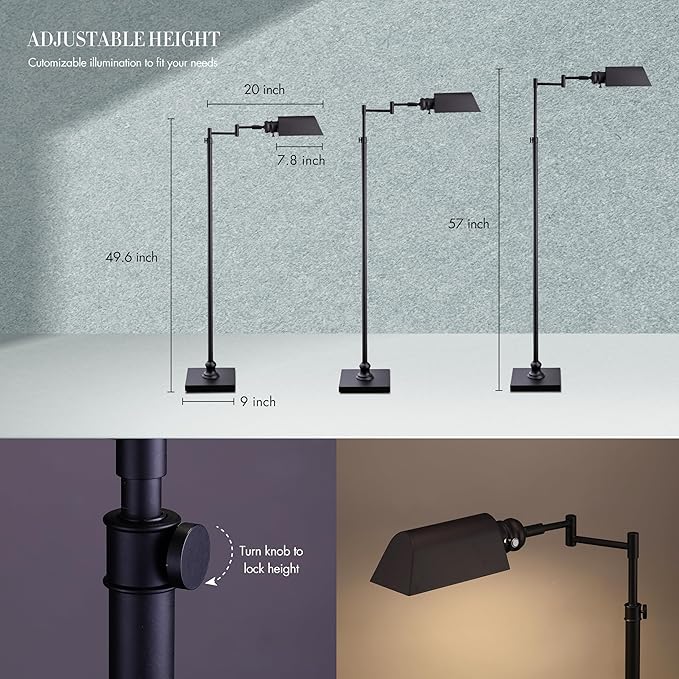 O’Bright Arcadia - Pharmacy Floor Lamp, Full Range Dimming, Swing Arm Task Lamp, E26 Socket, Bulb Replaceable, Adjustable Height 47” to 55”, 360° Rotatable Shade, All-Metal Design, Black