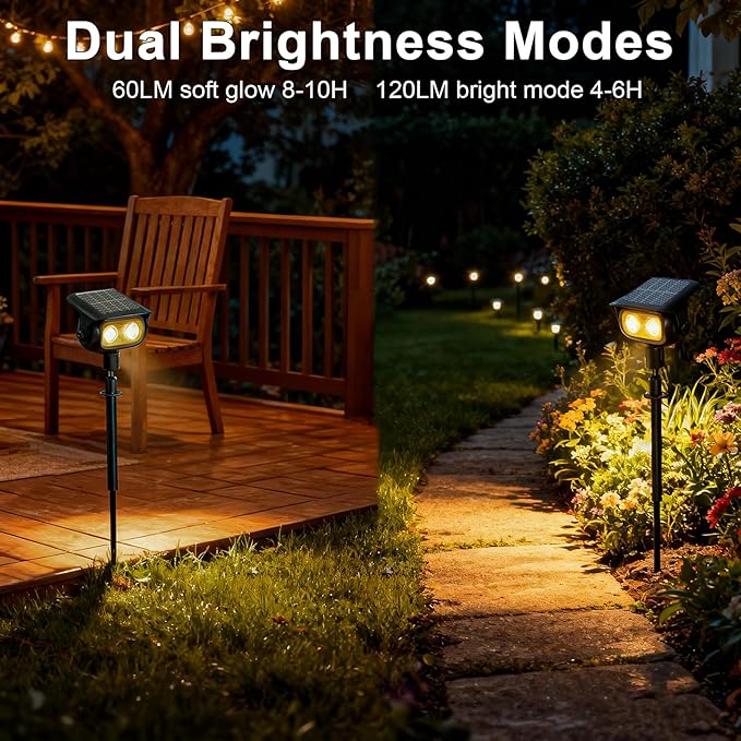 Solar Spotlight Outdoor, Warm White Stake Landscape Light with Dual Brightness, Fast-Charge HPBC Solar Panel, LiFePO4 Battery, IP67 Waterproof 2-in-1 Yard, Garden, Pathway Light