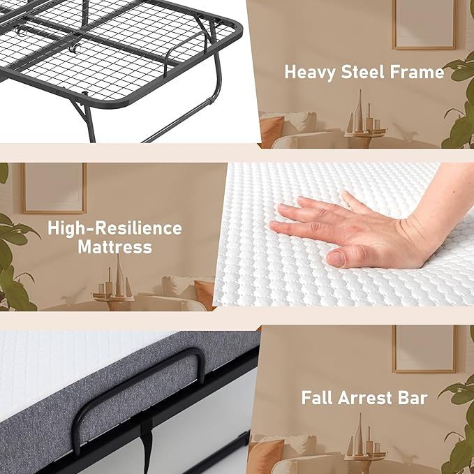 Folding Bed with Mattress, 75" x 38" Twin Size Rollaway Bed on Wheels, Foldable Metal Frame & Storage Pocket, Space-Saving Portable Cot for Adults, Home, Office, Apartment