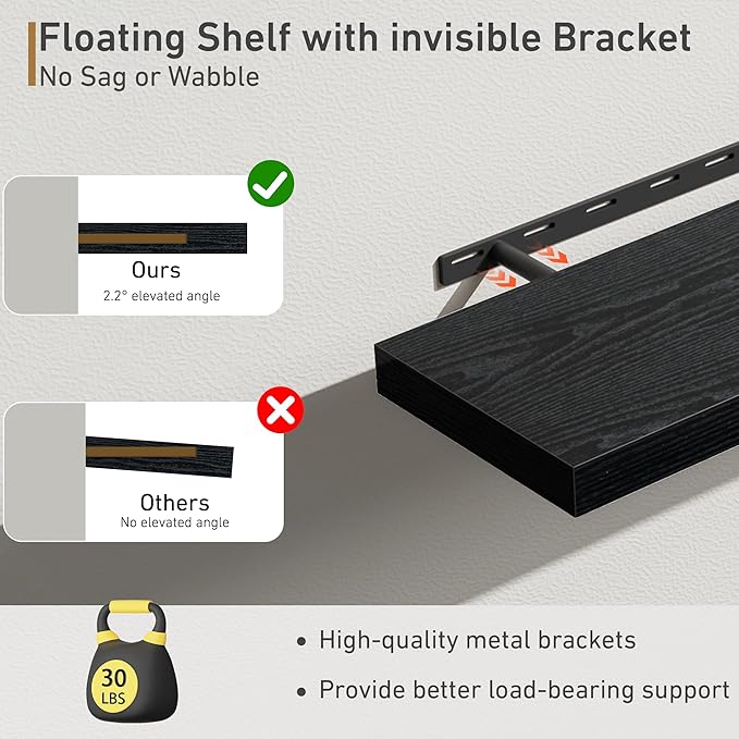 Fun Memories Deep Floating Shelves - 16" W x 9.3" D x 1.6" H Rustic Black Wall Shelf - Wall Mounted Shelves for Storage - Wooden Shelves with Invisible Brackets for Living Room, Farmhouse - Set of 2