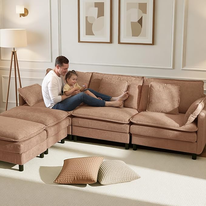 Claiks 148" Modular Sectional Sofa, Cloud Couch with Ottoman, U-Shaped 6-Seater Sofa in Chenille Fabric, Deep Seat Comfy Couch with Pillows for Living Room & Offices, Khaki