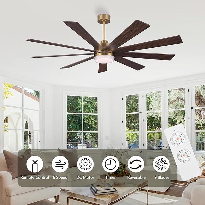 64" Ceiling Fan with Light, 6-Speed Remote Control, Reversible DC Motor, Modern 9 Blades with 4.5"/12" Downrods for Home or Commercial Gold/Walnut